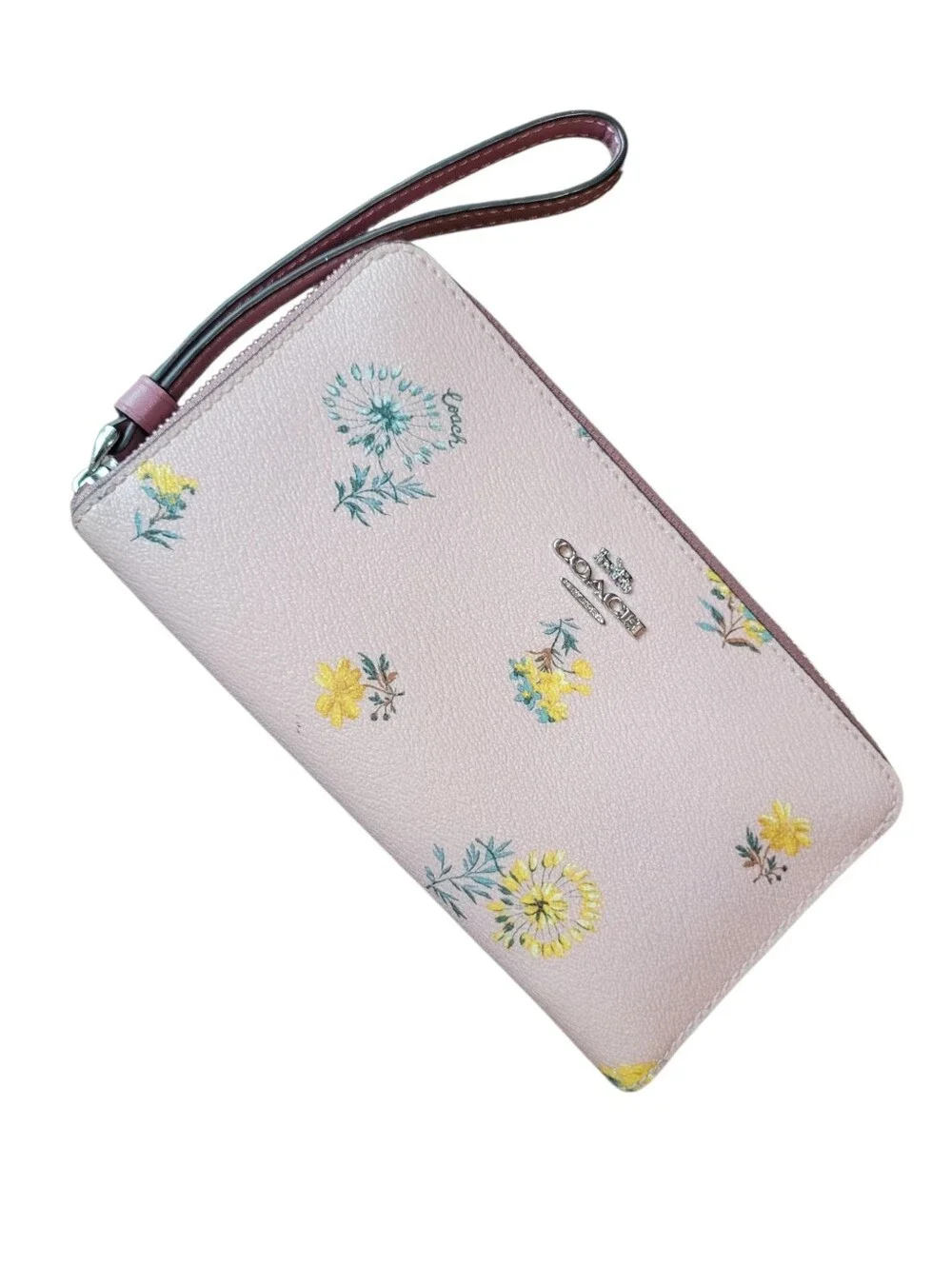 Coach Coated Canvas Gallery Tote Pink Yellow Dandelion Floral Print Bag & Wallet